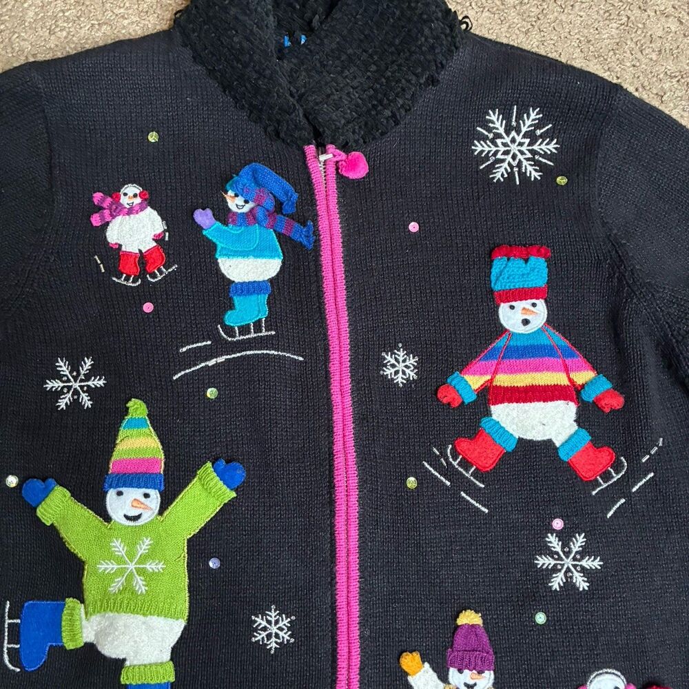 Karen Scott Sport Womens Petite Black Christmas Snowman Holiday Sweater Vtg - Picture 8 of 15